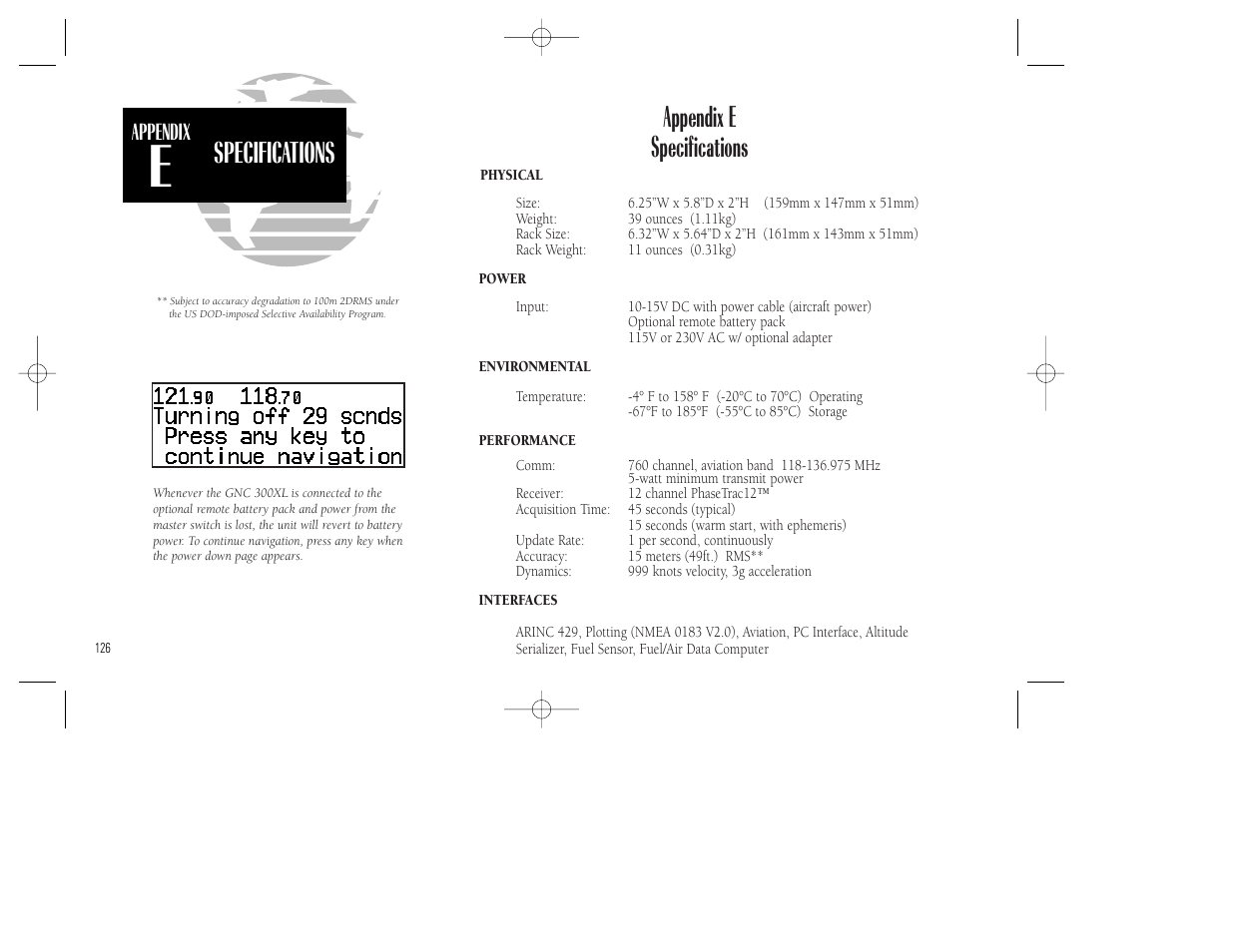 Specifications, Appendix e specifications | Garmin GNC 300XL TSO User Manual | Page 136 / 150