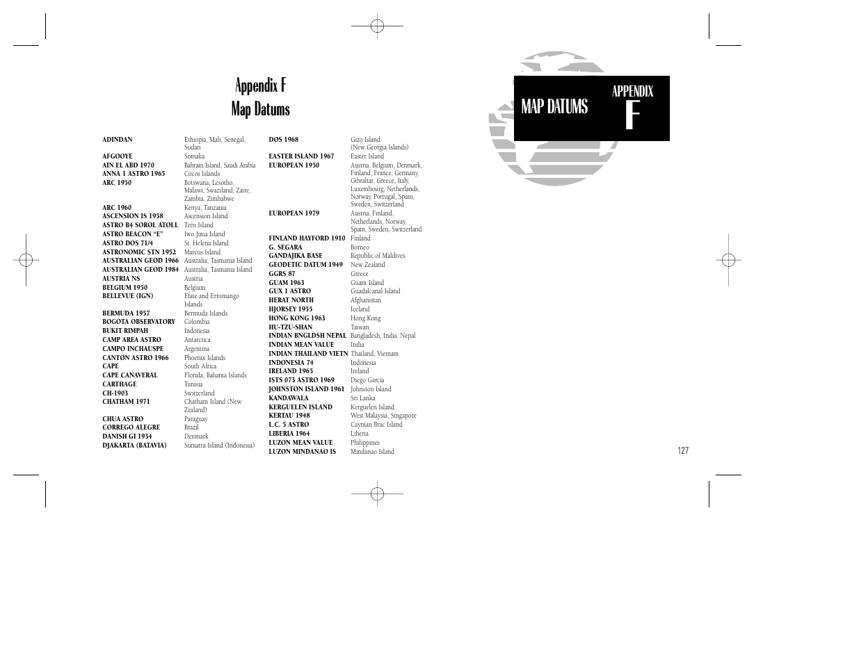 Map datums, Appendix f map datums, Appendix | Garmin GNC 300XL TSO User Manual | Page 137 / 150