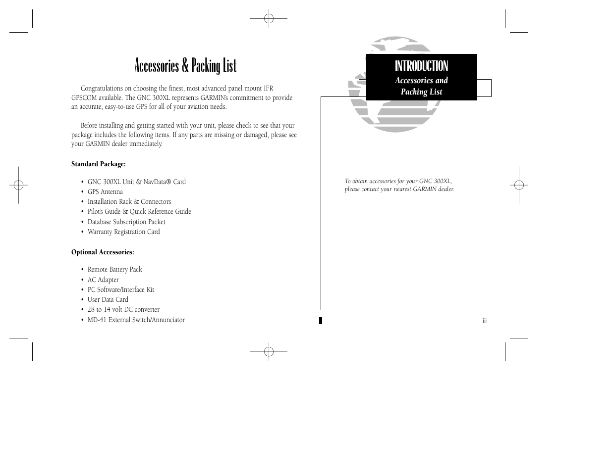 Accessories & packing list, Introduction | Garmin GNC 300XL TSO User Manual | Page 5 / 150