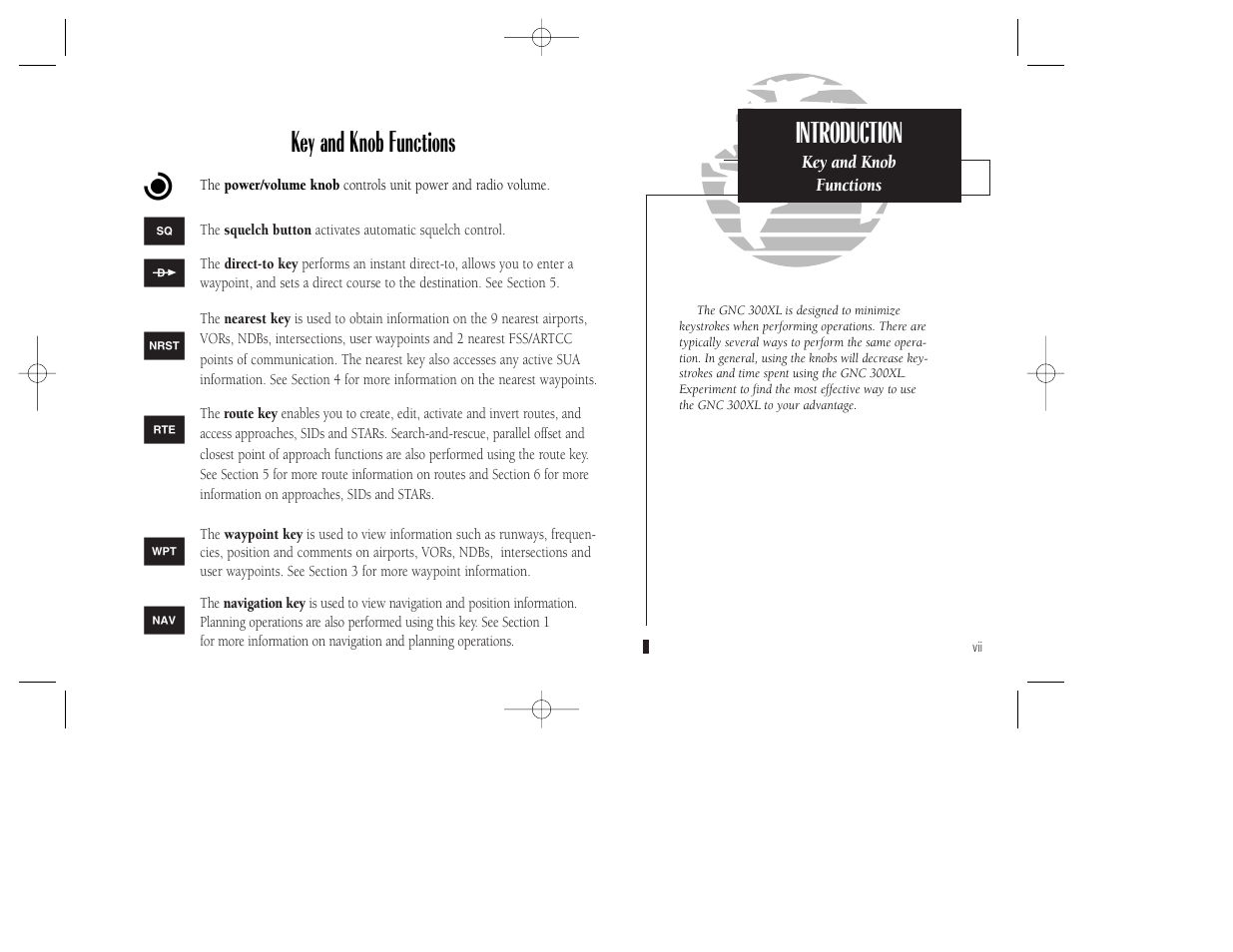 Key and knob functions b, Introduction | Garmin GNC 300XL TSO User Manual | Page 9 / 150