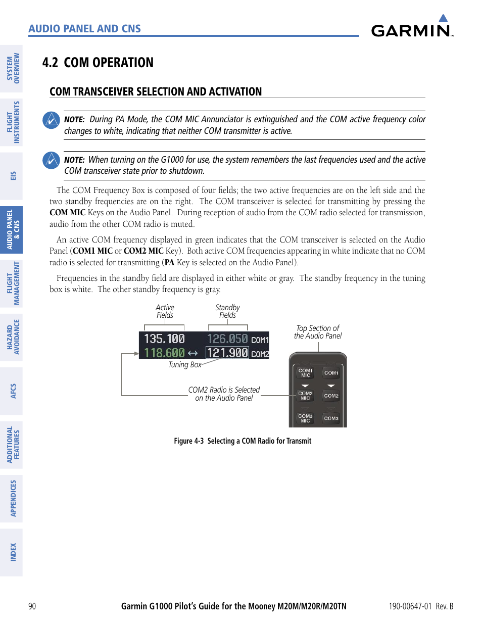 2 com operation, Com transceiver selection and activation, Audio panel and cns | Garmin G1000 Mooney M20TN User Manual | Page 101 / 494