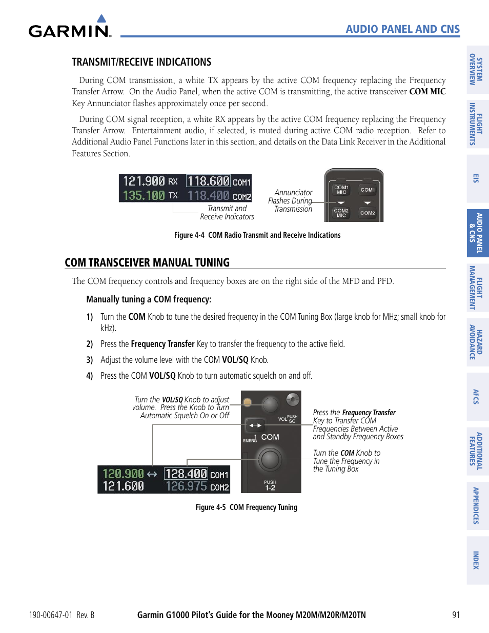 Com transceiver manual tuning, Audio panel and cns, Transmit/receive indications | Garmin G1000 Mooney M20TN User Manual | Page 102 / 494