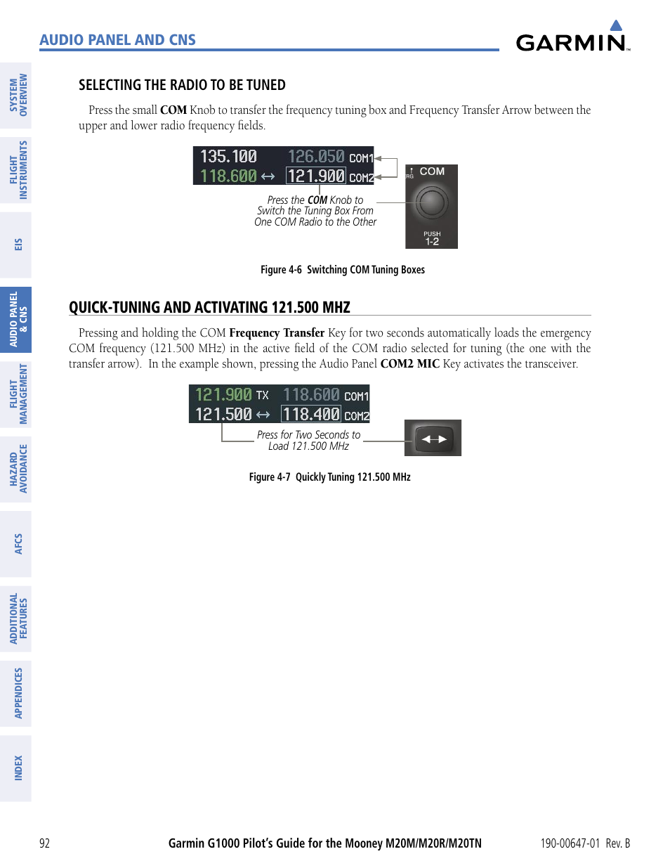 Quick-tuning and activating 121.500 mhz, Audio panel and cns, Selecting the radio to be tuned | Garmin G1000 Mooney M20TN User Manual | Page 103 / 494