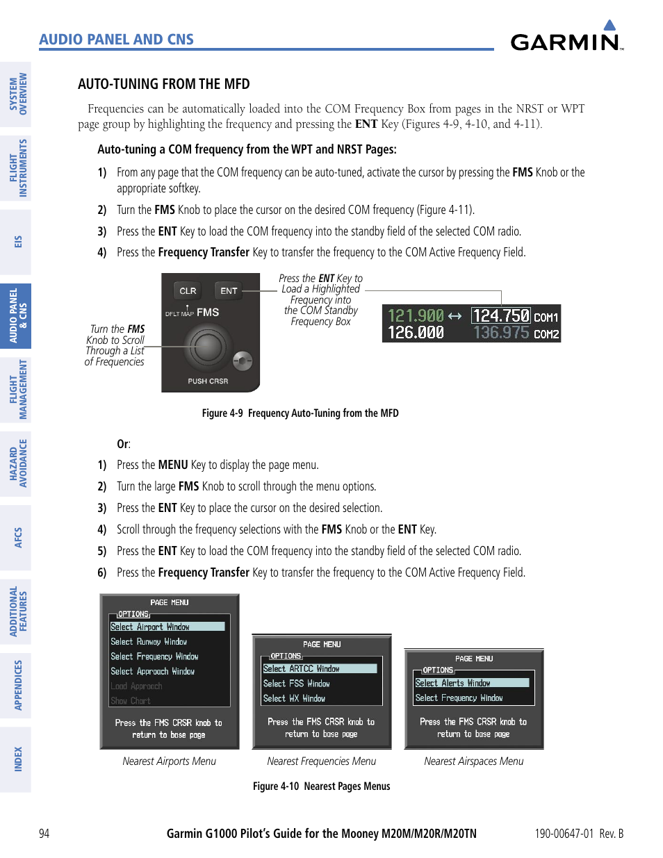 Audio panel and cns, Auto-tuning from the mfd | Garmin G1000 Mooney M20TN User Manual | Page 105 / 494