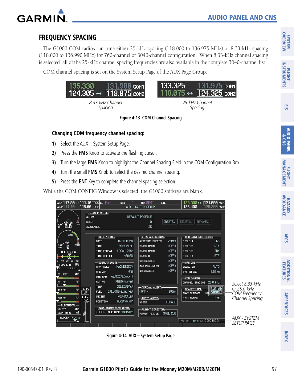 Frequency spacing, Audio panel and cns | Garmin G1000 Mooney M20TN User Manual | Page 108 / 494