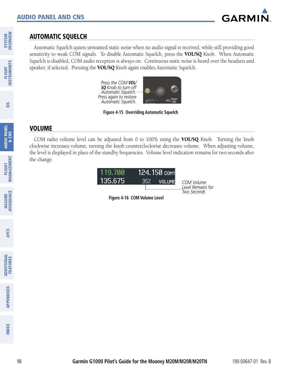 Automatic squelch, Volume, Audio panel and cns | Garmin G1000 Mooney M20TN User Manual | Page 109 / 494