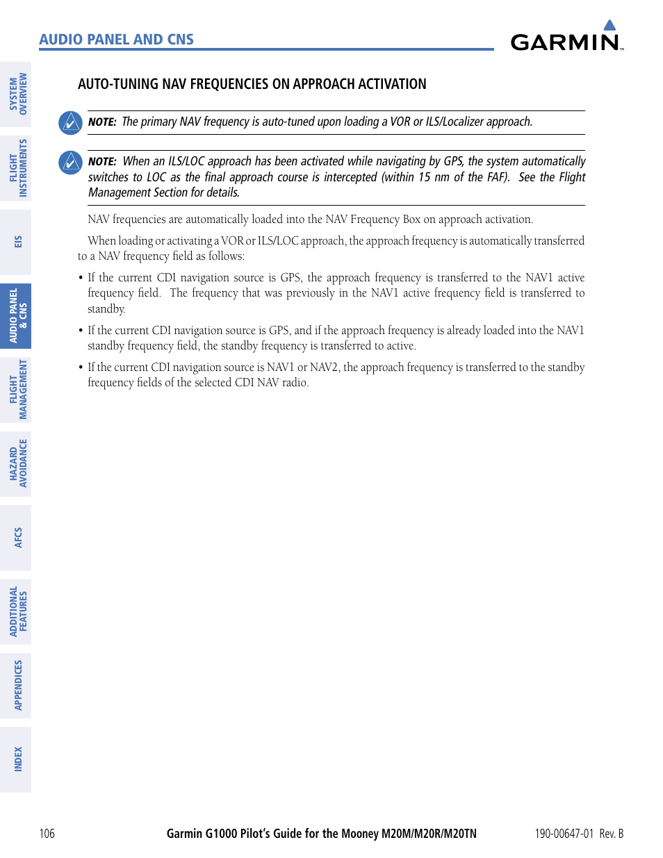 Audio panel and cns, Auto-tuning nav frequencies on approach activation | Garmin G1000 Mooney M20TN User Manual | Page 117 / 494