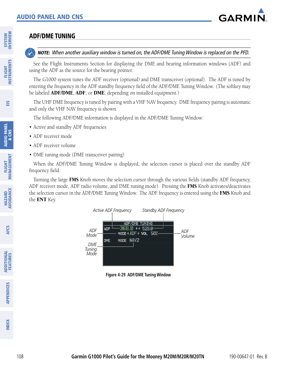 Adf/dme tuning, Audio panel and cns | Garmin G1000 Mooney M20TN User Manual | Page 119 / 494