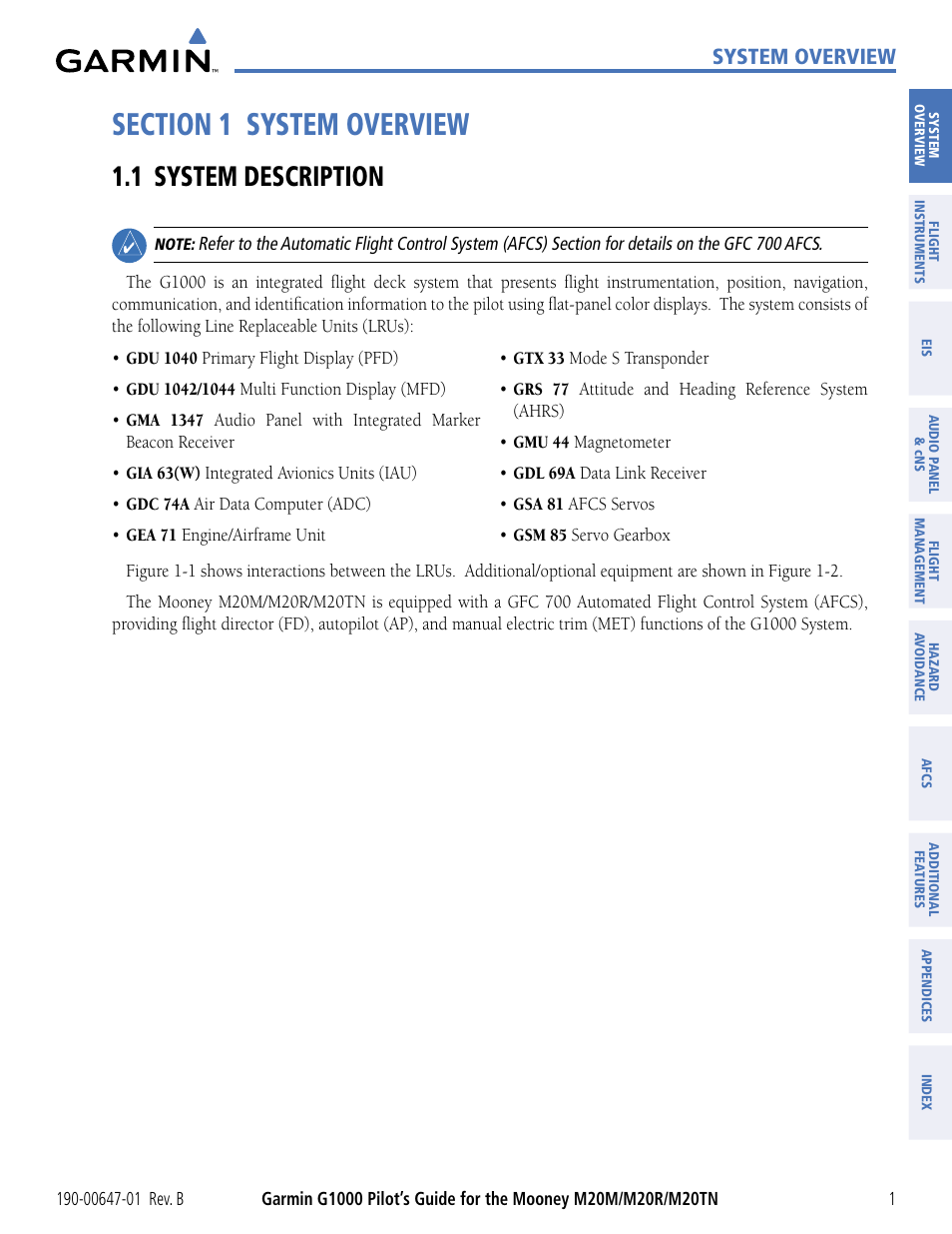 Section 1 system overview, 1 system description, System overview | Garmin G1000 Mooney M20TN User Manual | Page 12 / 494