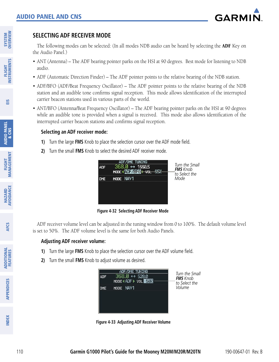 Audio panel and cns, Selecting adf receiver mode | Garmin G1000 Mooney M20TN User Manual | Page 121 / 494