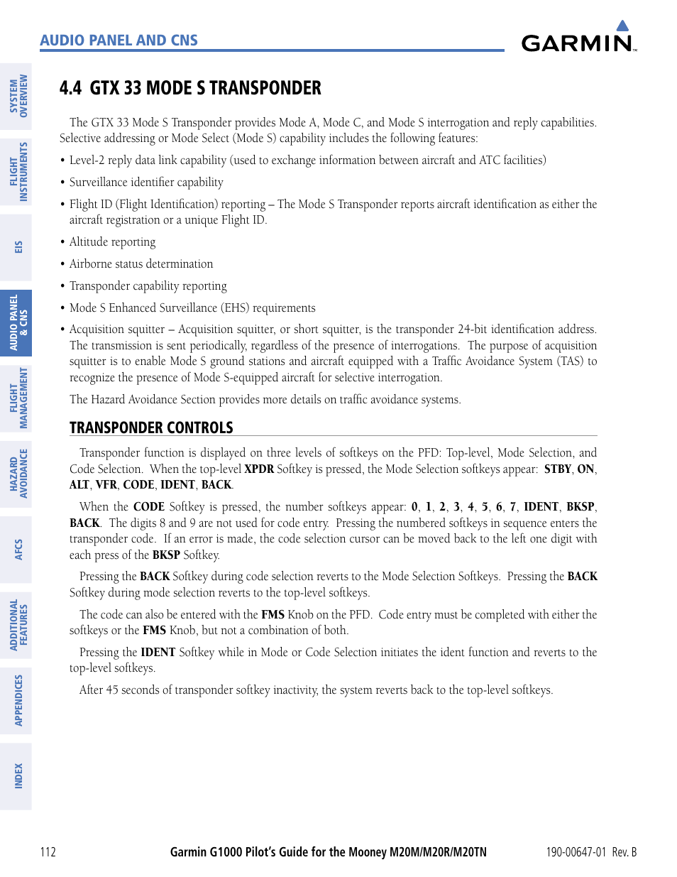 4 gtx 33 mode s transponder, Transponder controls, Audio panel and cns | Garmin G1000 Mooney M20TN User Manual | Page 123 / 494