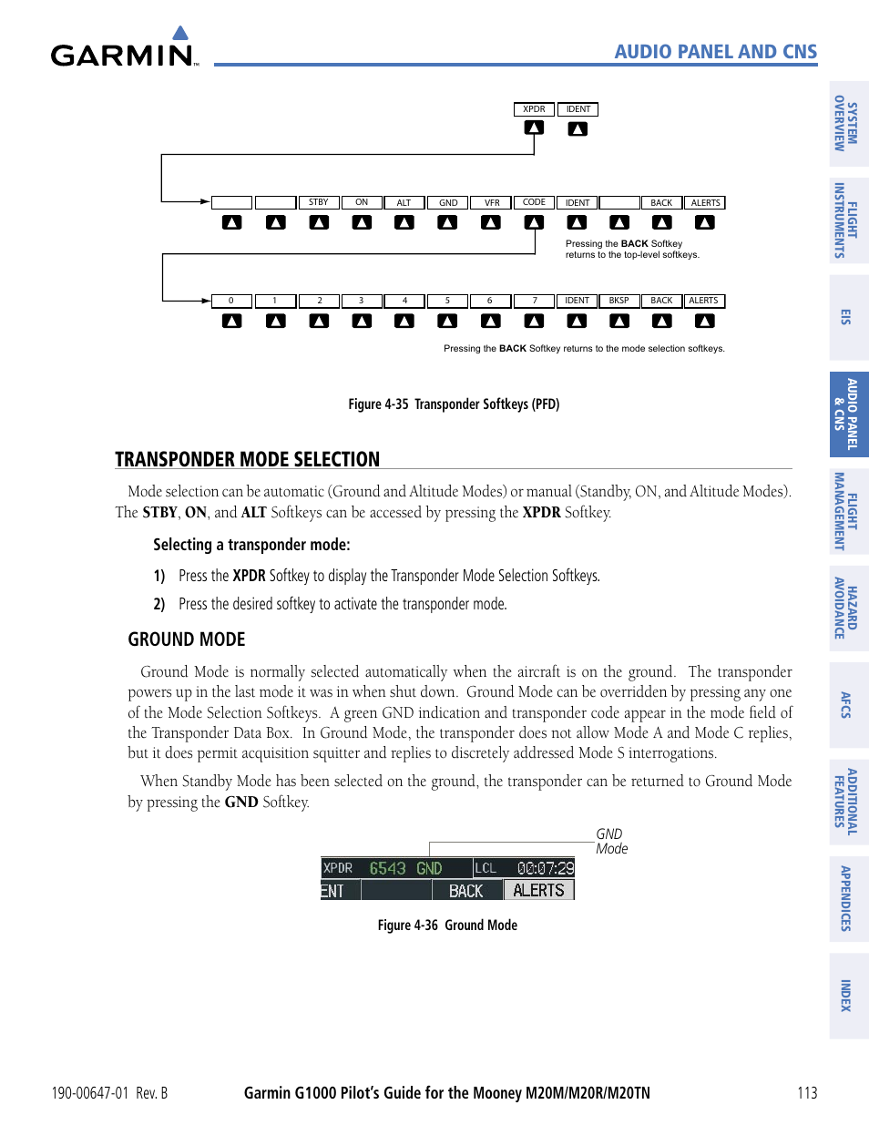 Transponder mode selection, Audio panel and cns, Ground mode | Garmin G1000 Mooney M20TN User Manual | Page 124 / 494