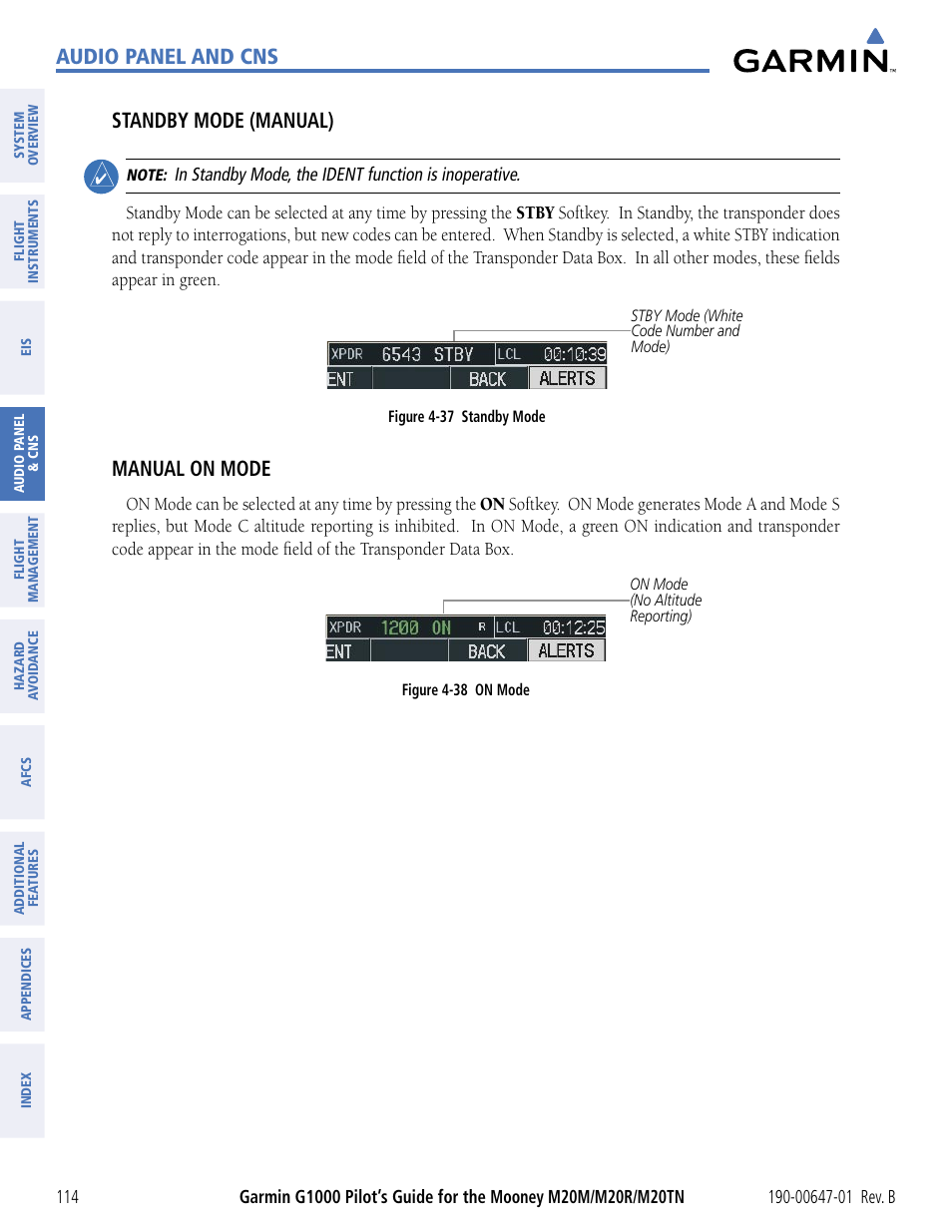 Audio panel and cns, Standby mode (manual), Manual on mode | Garmin G1000 Mooney M20TN User Manual | Page 125 / 494