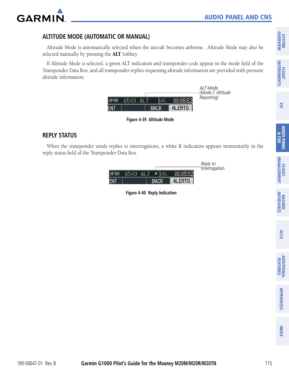 Audio panel and cns, Altitude mode (automatic or manual), Reply status | Garmin G1000 Mooney M20TN User Manual | Page 126 / 494