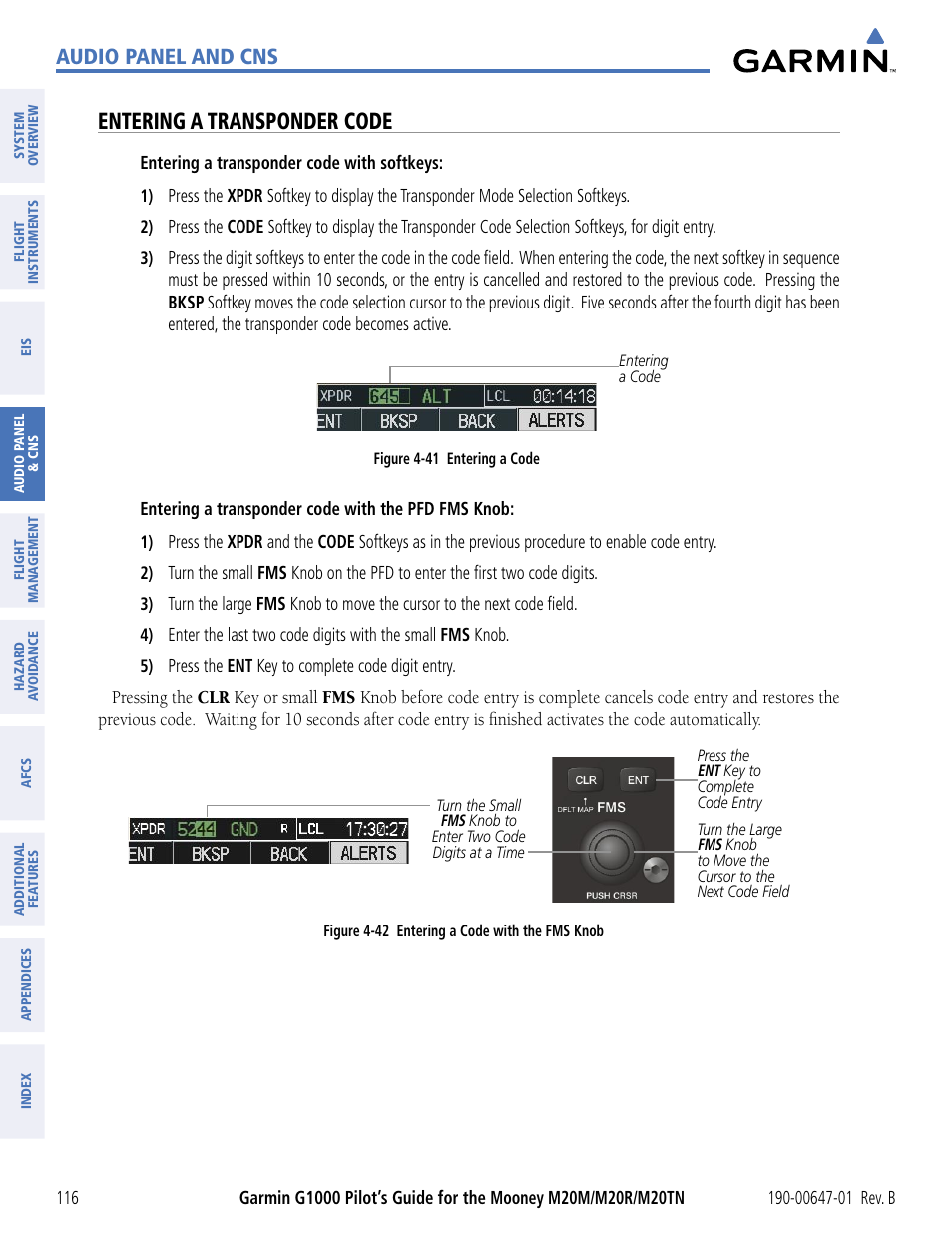 Entering a transponder code, Audio panel and cns | Garmin G1000 Mooney M20TN User Manual | Page 127 / 494