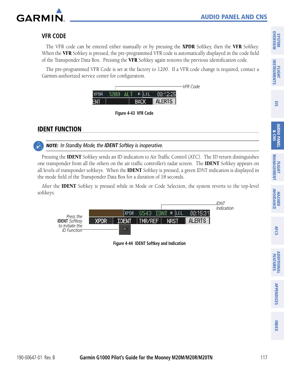 Ident function, Audio panel and cns, Vfr code | Garmin G1000 Mooney M20TN User Manual | Page 128 / 494