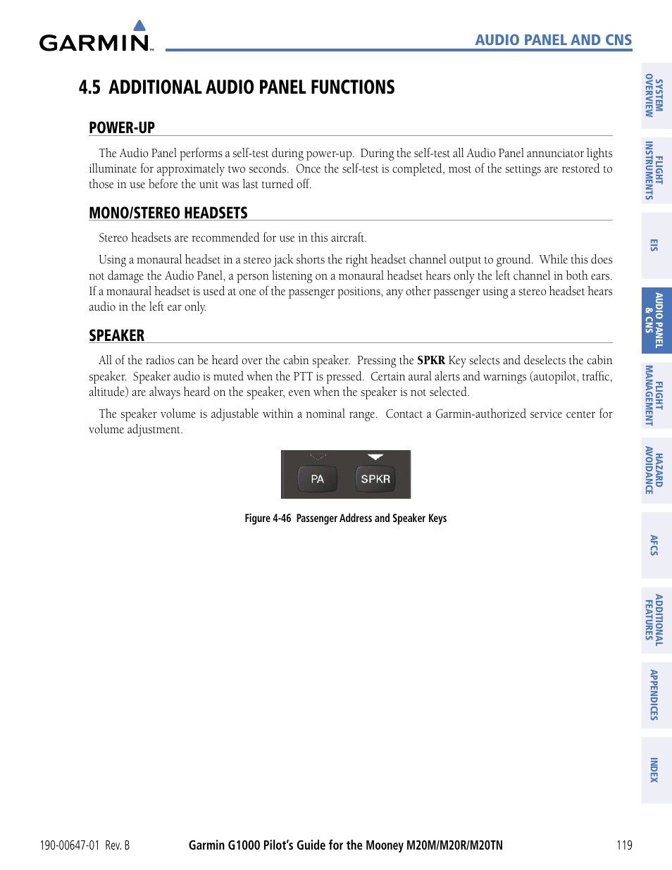 5 additional audio panel functions, Power-up, Mono/stereo headsets | Speaker, Audio panel and cns | Garmin G1000 Mooney M20TN User Manual | Page 130 / 494