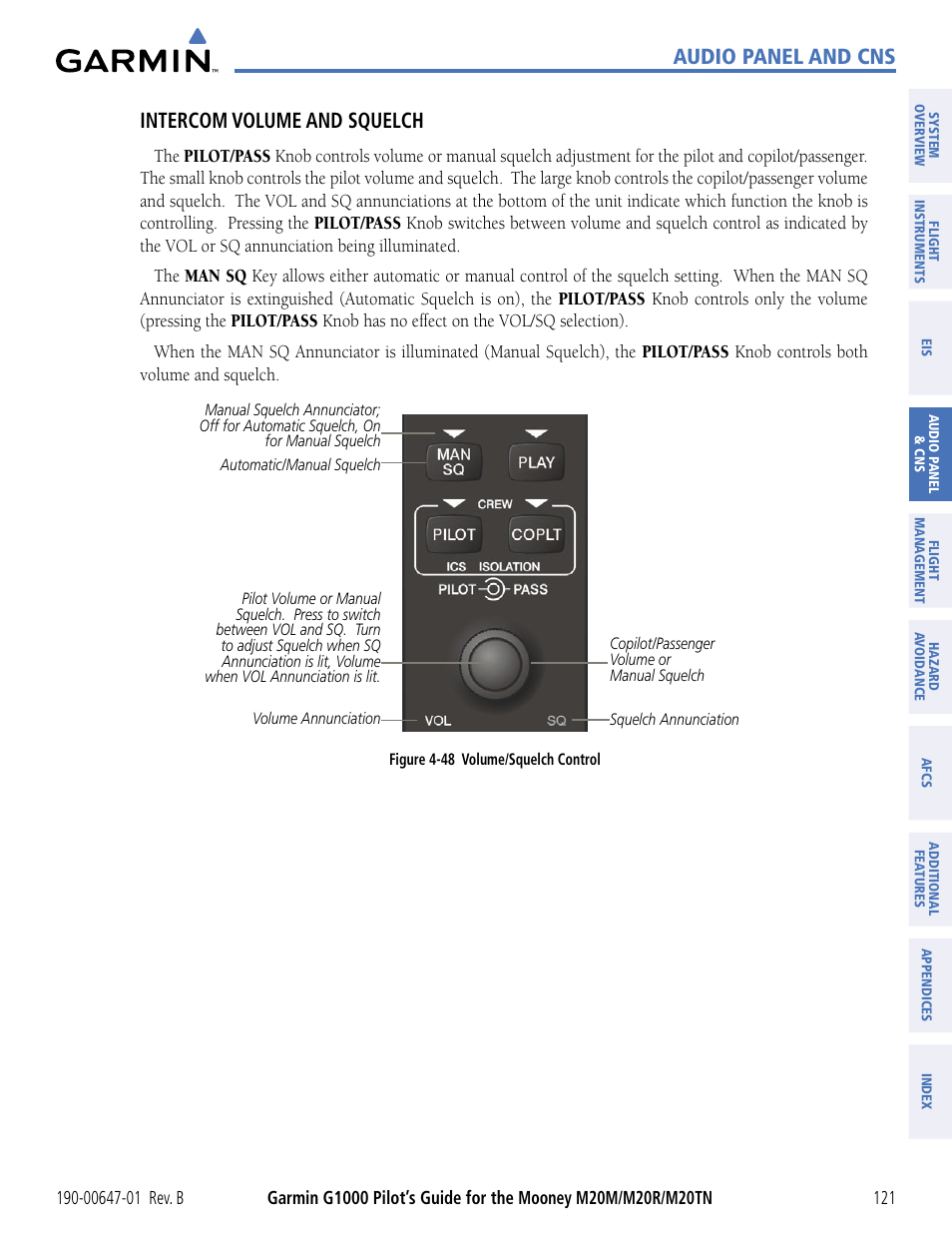 Audio panel and cns, Intercom volume and squelch | Garmin G1000 Mooney M20TN User Manual | Page 132 / 494