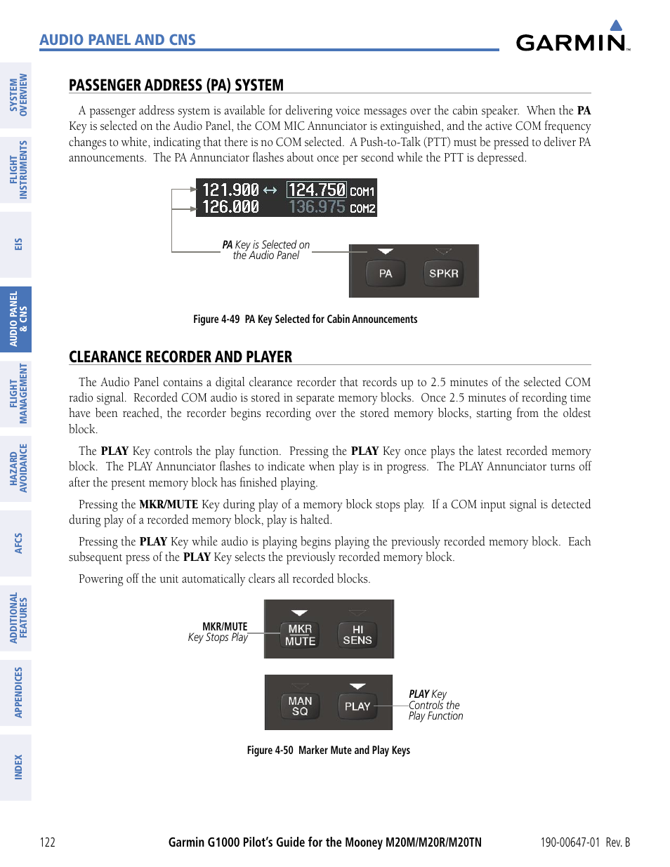 Passenger address (pa) system, Clearance recorder and player, Audio panel and cns | Garmin G1000 Mooney M20TN User Manual | Page 133 / 494