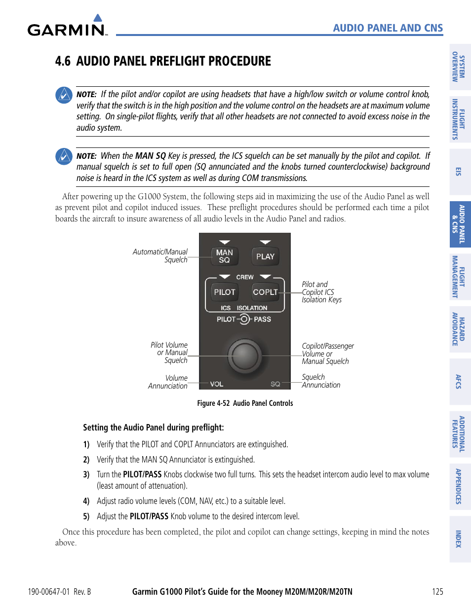 6 audio panel preflight procedure, 6 audio panel preﬂight procedure, Audio panel and cns | Garmin G1000 Mooney M20TN User Manual | Page 136 / 494