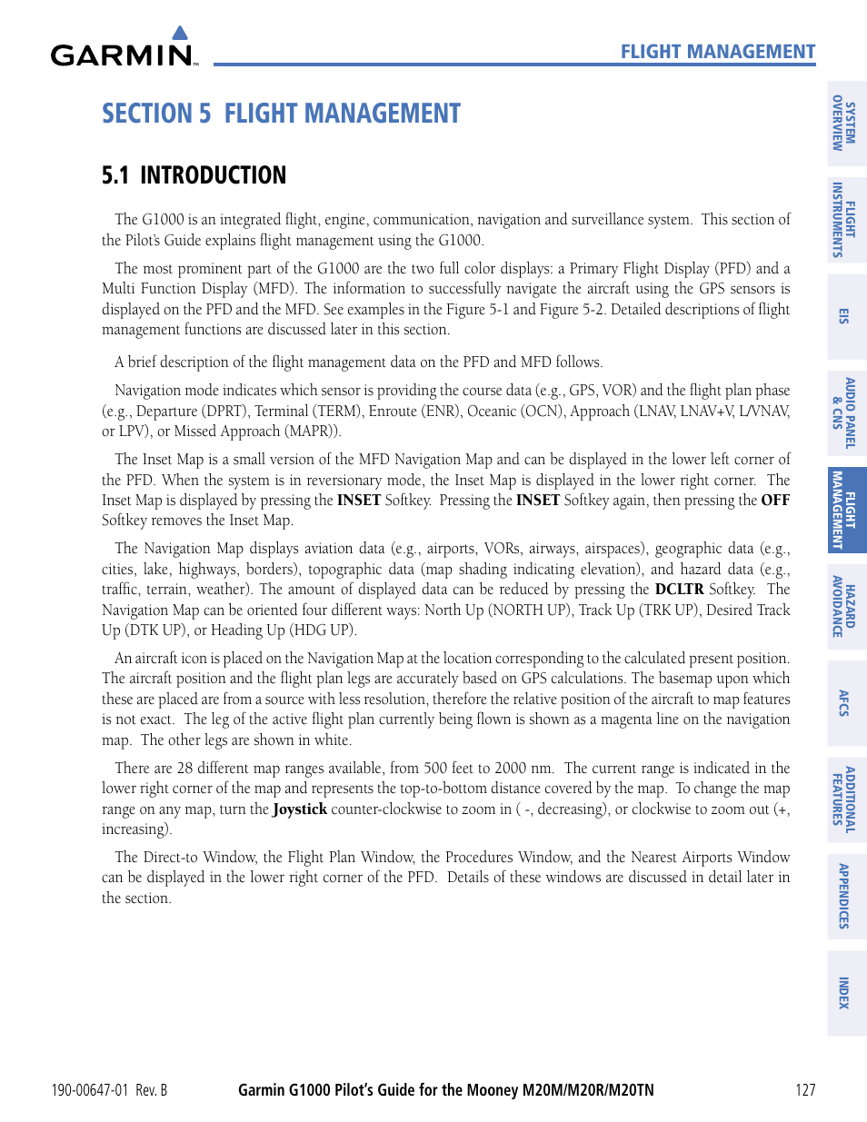Section 5 flight management, 1 introduction, Flight management | Garmin G1000 Mooney M20TN User Manual | Page 138 / 494