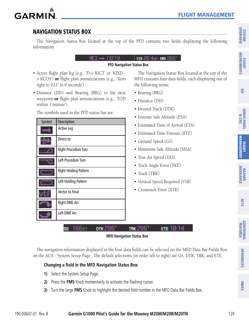 Navigation status box, Flight management | Garmin G1000 Mooney M20TN User Manual | Page 140 / 494