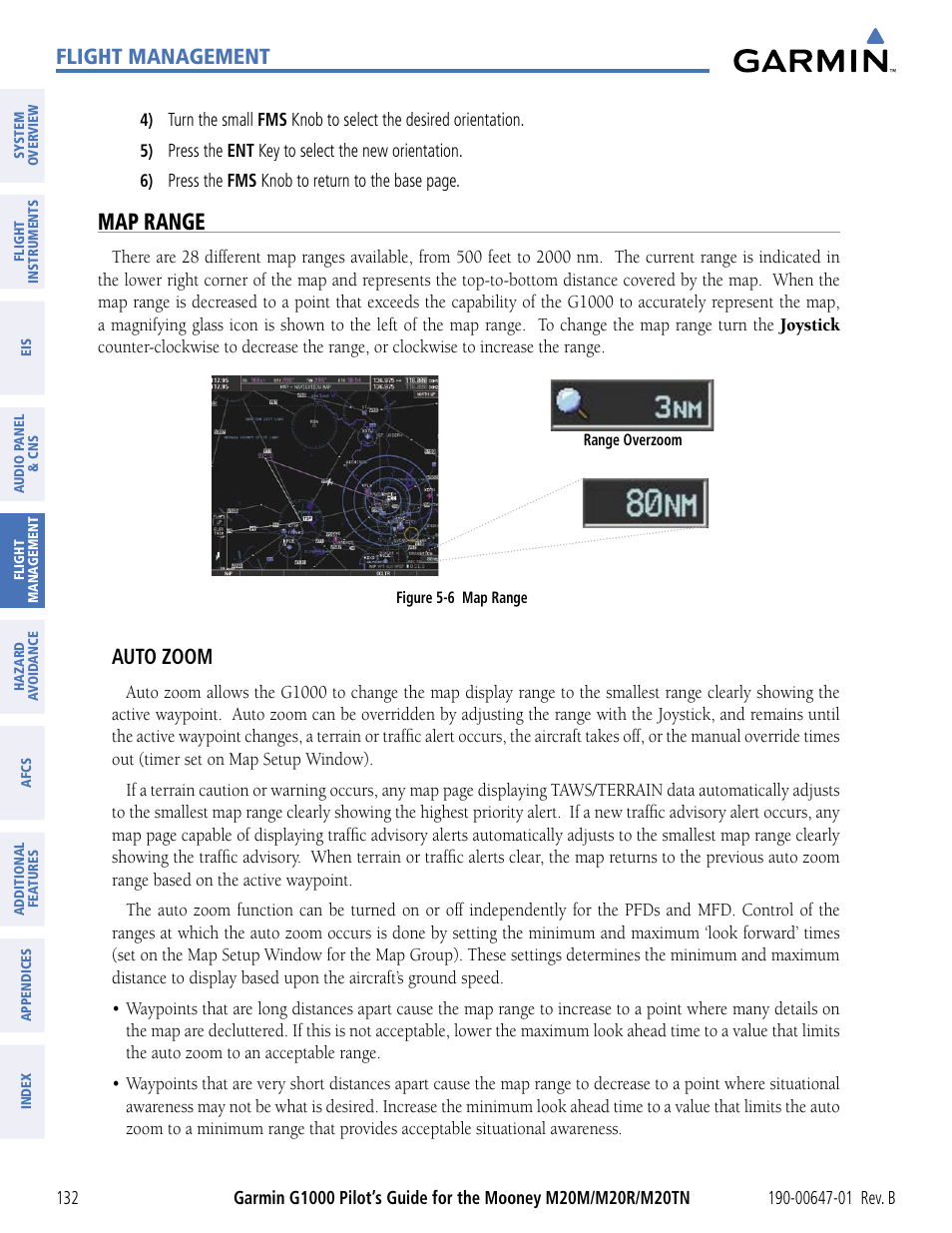 Map range, Flight management, Auto zoom | Garmin G1000 Mooney M20TN User Manual | Page 143 / 494