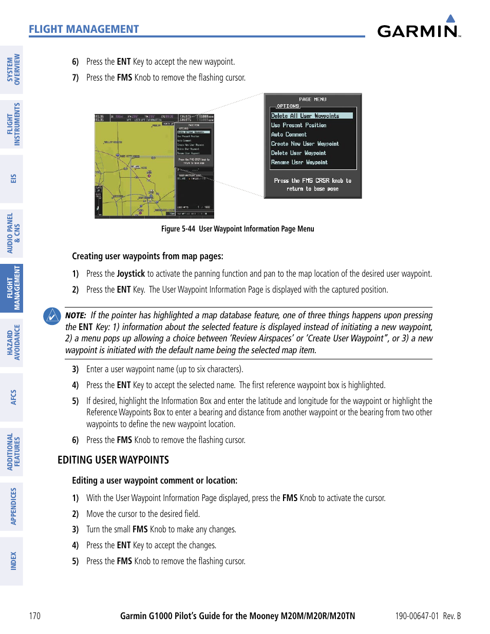 Flight management, Editing user waypoints | Garmin G1000 Mooney M20TN User Manual | Page 181 / 494