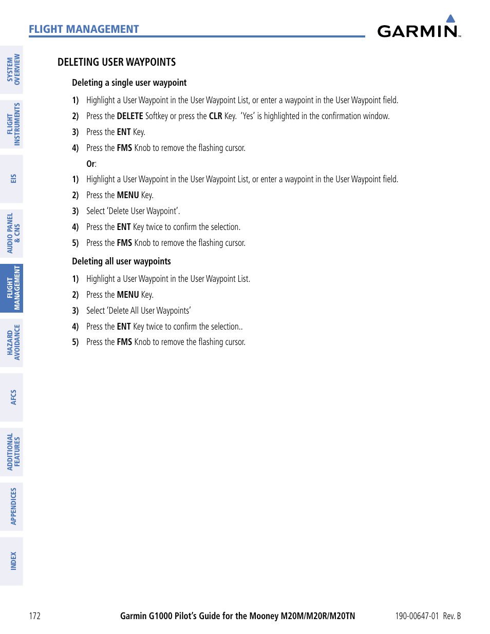 Flight management, Deleting user waypoints | Garmin G1000 Mooney M20TN User Manual | Page 183 / 494