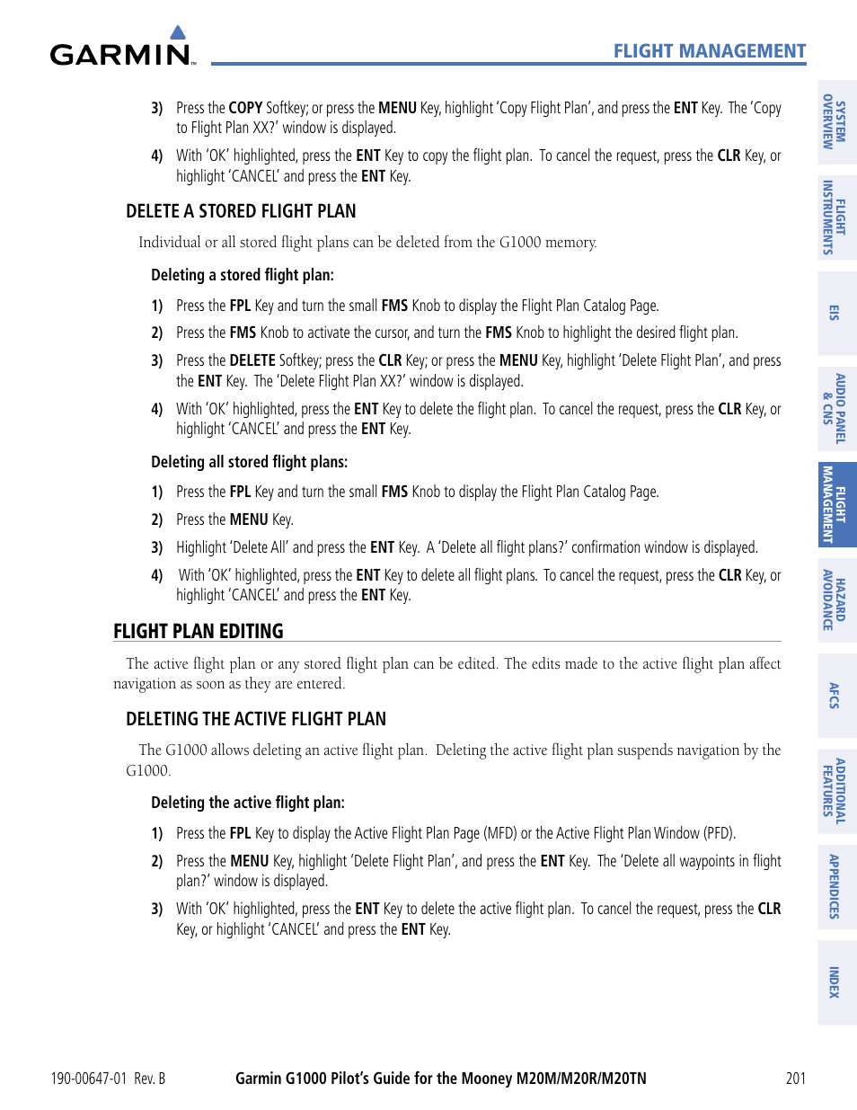 Flight plan editing, Flight management, Delete a stored flight plan | Deleting the active flight plan | Garmin G1000 Mooney M20TN User Manual | Page 212 / 494