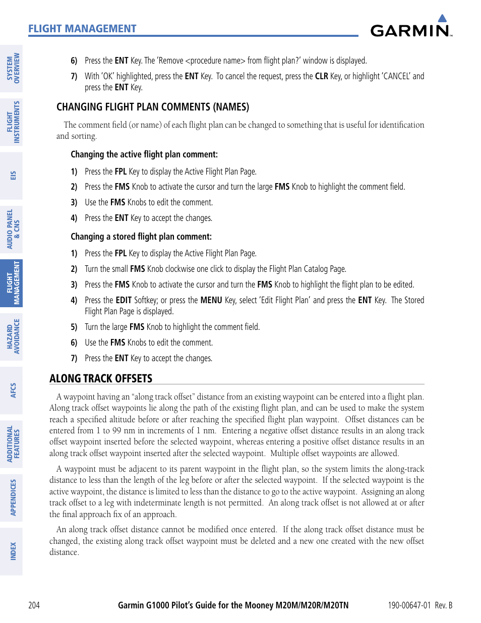 Along track offsets, Flight management, Changing flight plan comments (names) | Garmin G1000 Mooney M20TN User Manual | Page 215 / 494