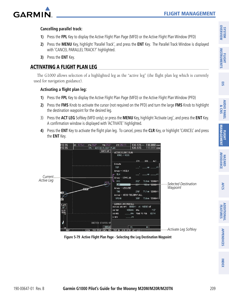 Activating a flight plan leg, Flight management | Garmin G1000 Mooney M20TN User Manual | Page 220 / 494
