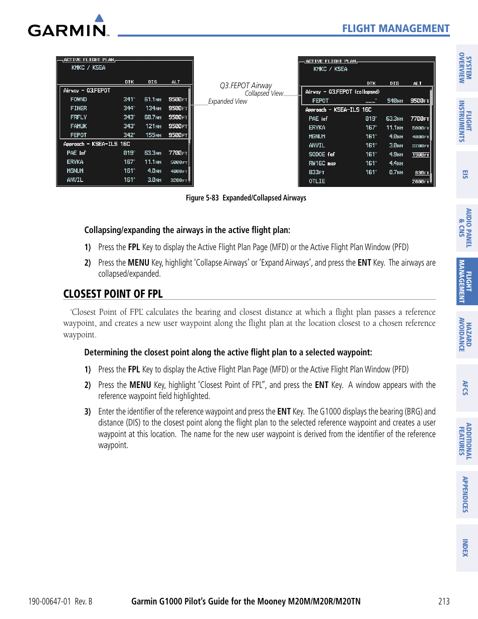 Closest point of fpl, Flight management | Garmin G1000 Mooney M20TN User Manual | Page 224 / 494