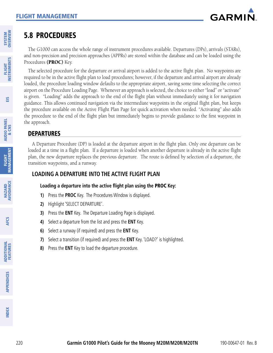 8 procedures, Departures, Flight management | Loading a departure into the active flight plan | Garmin G1000 Mooney M20TN User Manual | Page 231 / 494