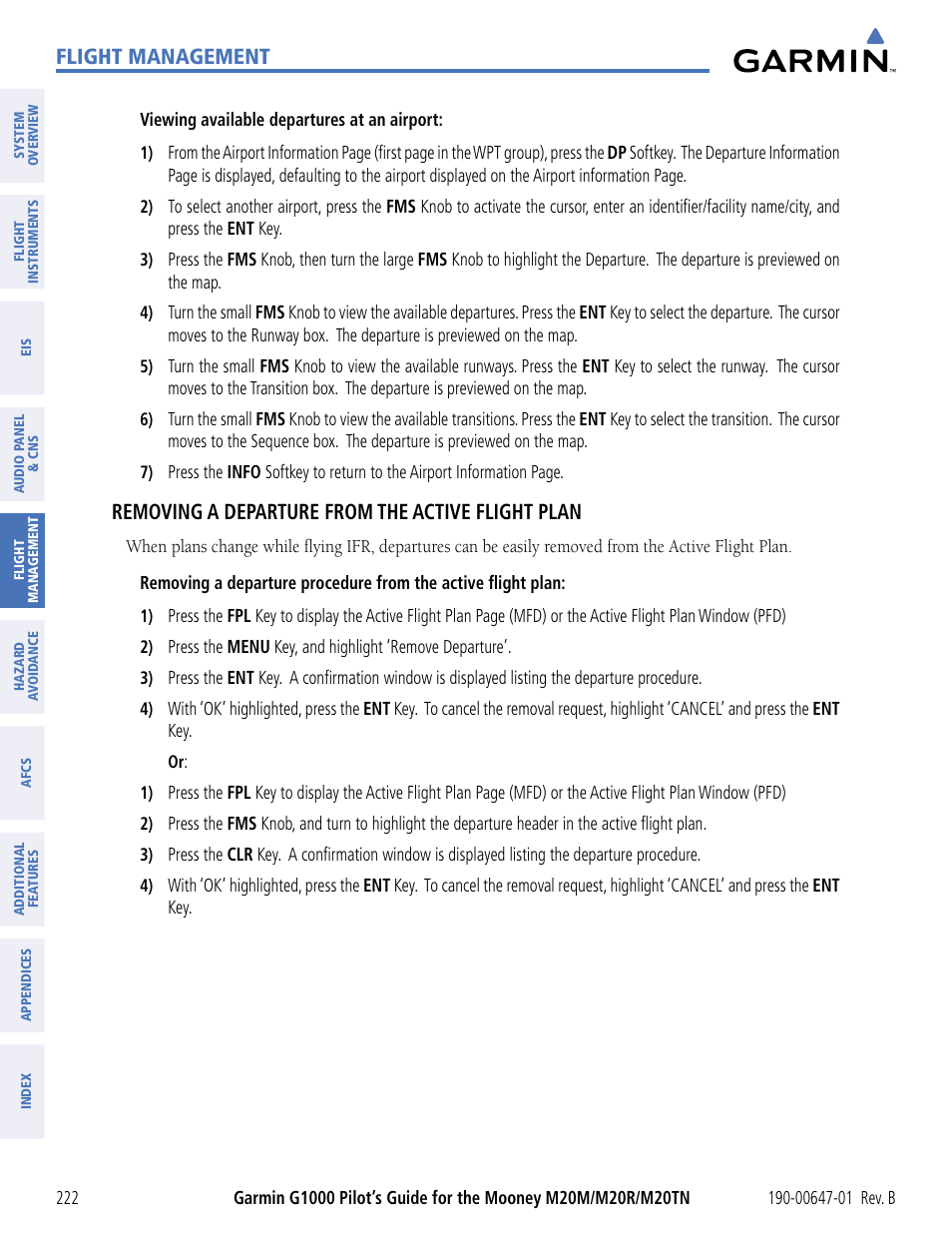 Flight management, Removing a departure from the active flight plan | Garmin G1000 Mooney M20TN User Manual | Page 233 / 494