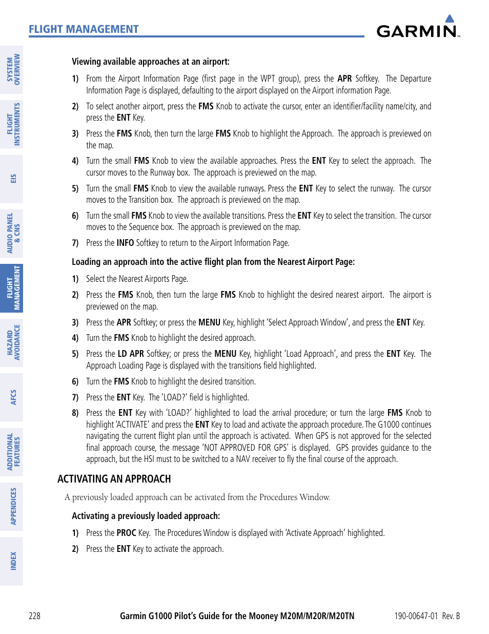 Flight management, Activating an approach | Garmin G1000 Mooney M20TN User Manual | Page 239 / 494