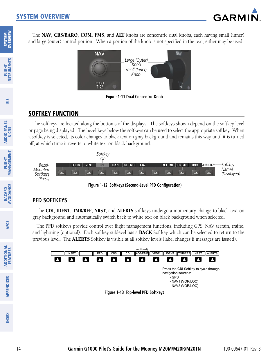 Softkey function, System overview, Pfd softkeys | Ident, Tmr/ref, Nrst, Alerts, Figure 1-13 top-level pfd softkeys | Garmin G1000 Mooney M20TN User Manual | Page 25 / 494