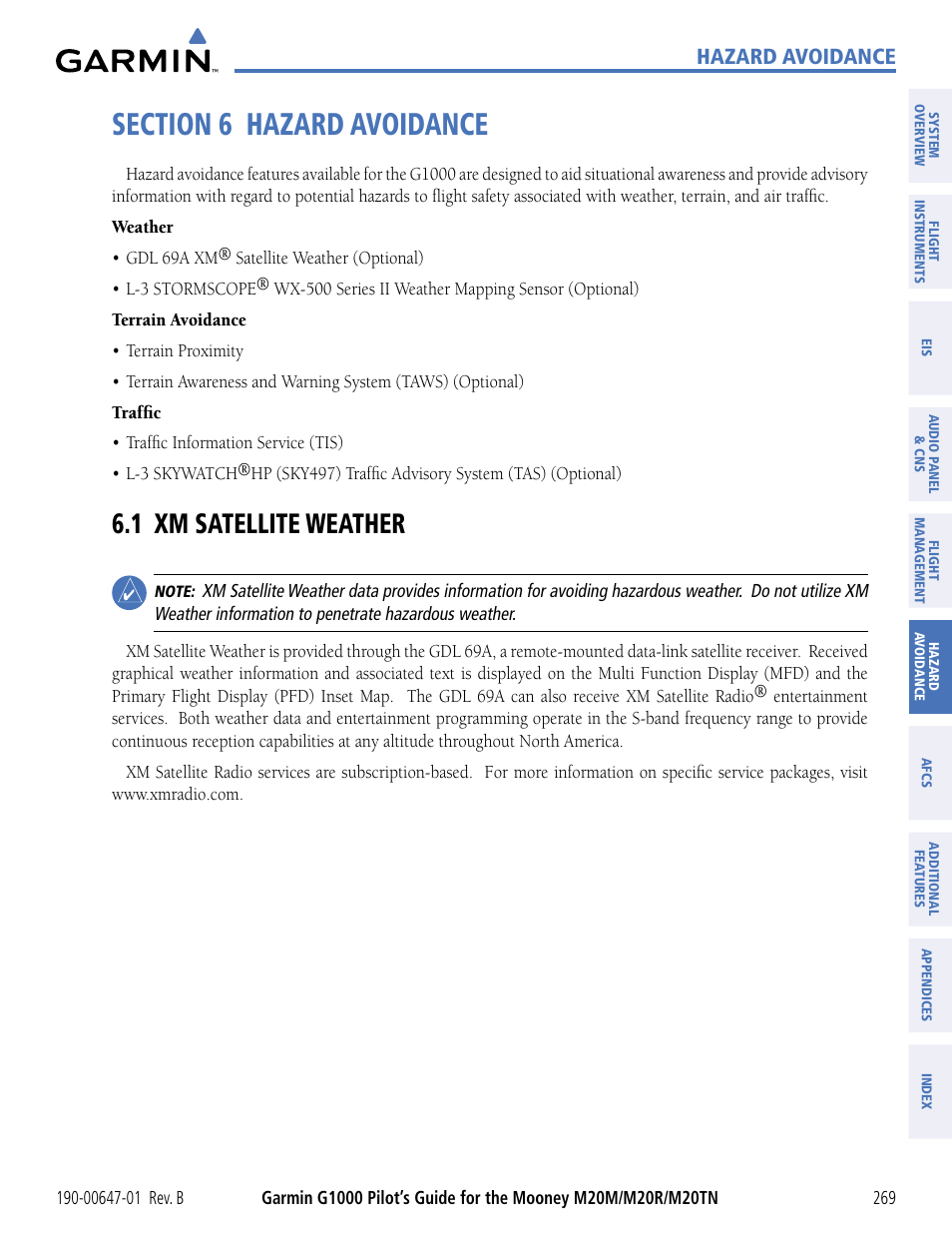 Section 6 hazard avoidance, 1 xm satellite weather, Hazard avoidance | Garmin G1000 Mooney M20TN User Manual | Page 280 / 494