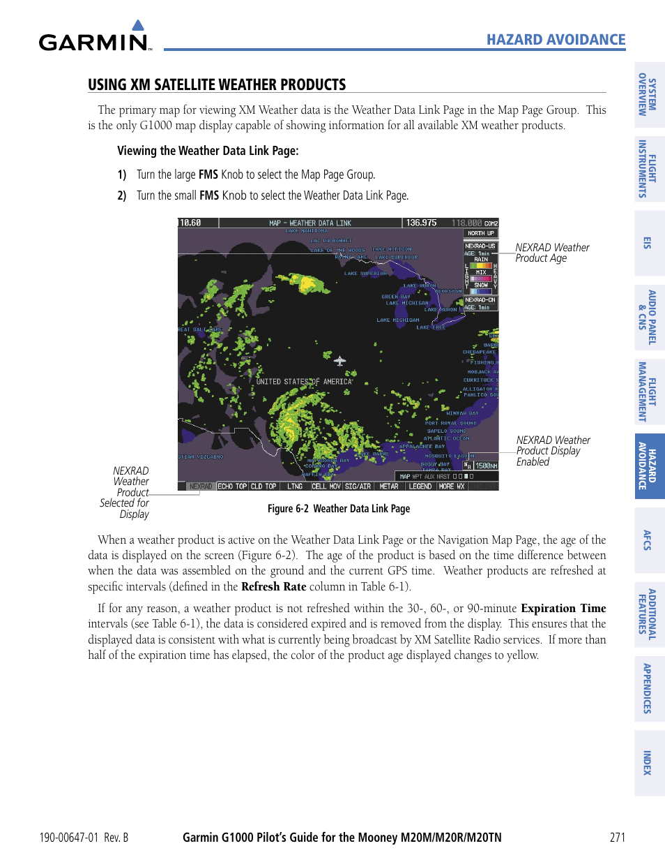 Using xm satellite weather products, Hazard avoidance | Garmin G1000 Mooney M20TN User Manual | Page 282 / 494