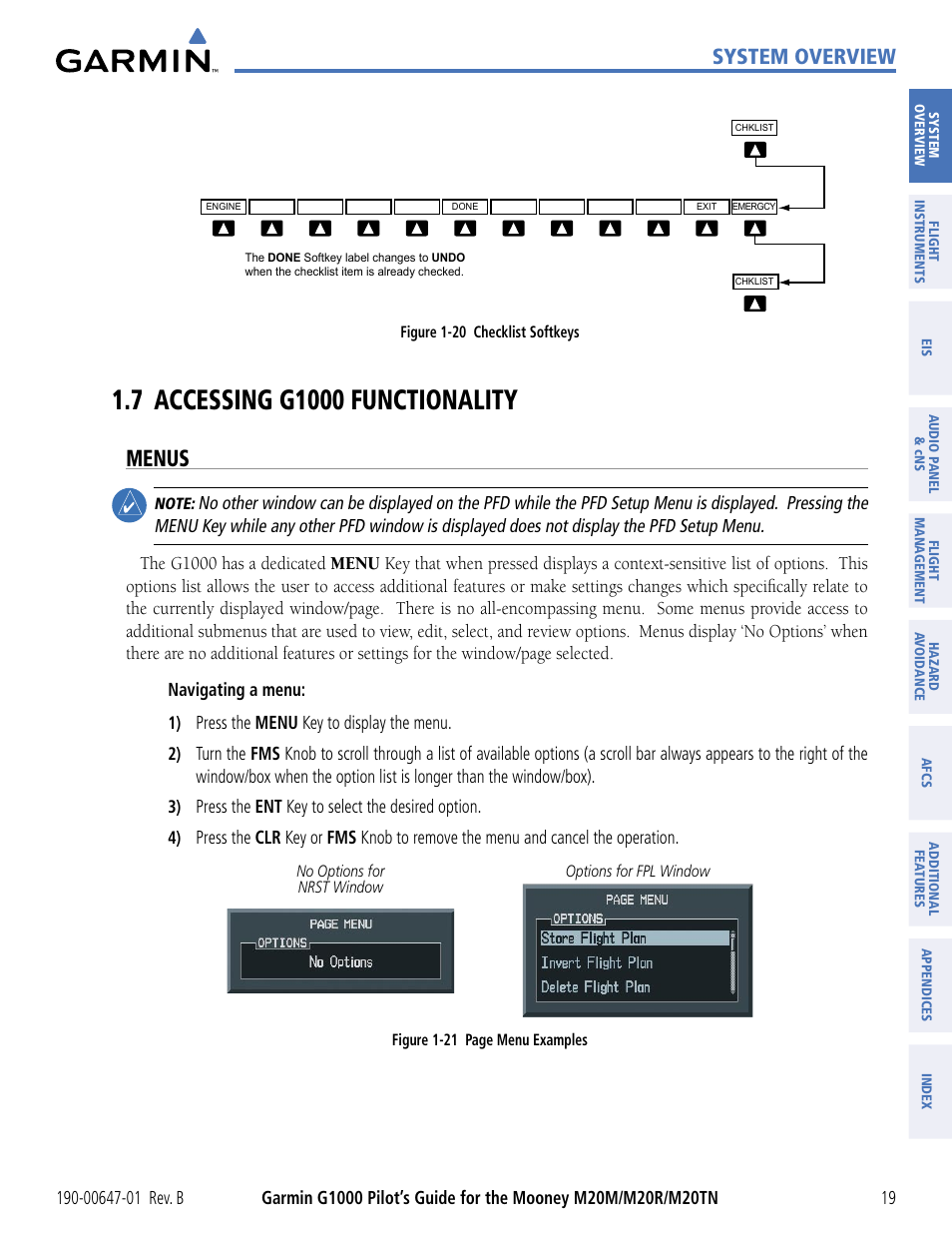 7 accessing g1000 functionality, Menus, System overview | Press the menu key to display the menu, Press the ent key to select the desired option | Garmin G1000 Mooney M20TN User Manual | Page 30 / 494