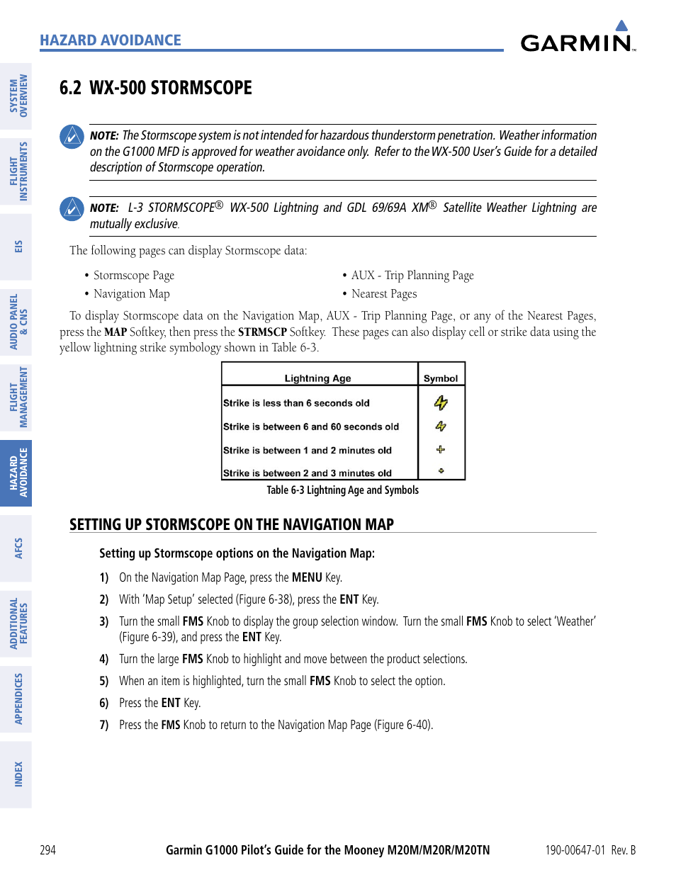 2 wx-500 stormscope, Setting up stormscope on the navigation map, Hazard avoidance | Garmin G1000 Mooney M20TN User Manual | Page 305 / 494