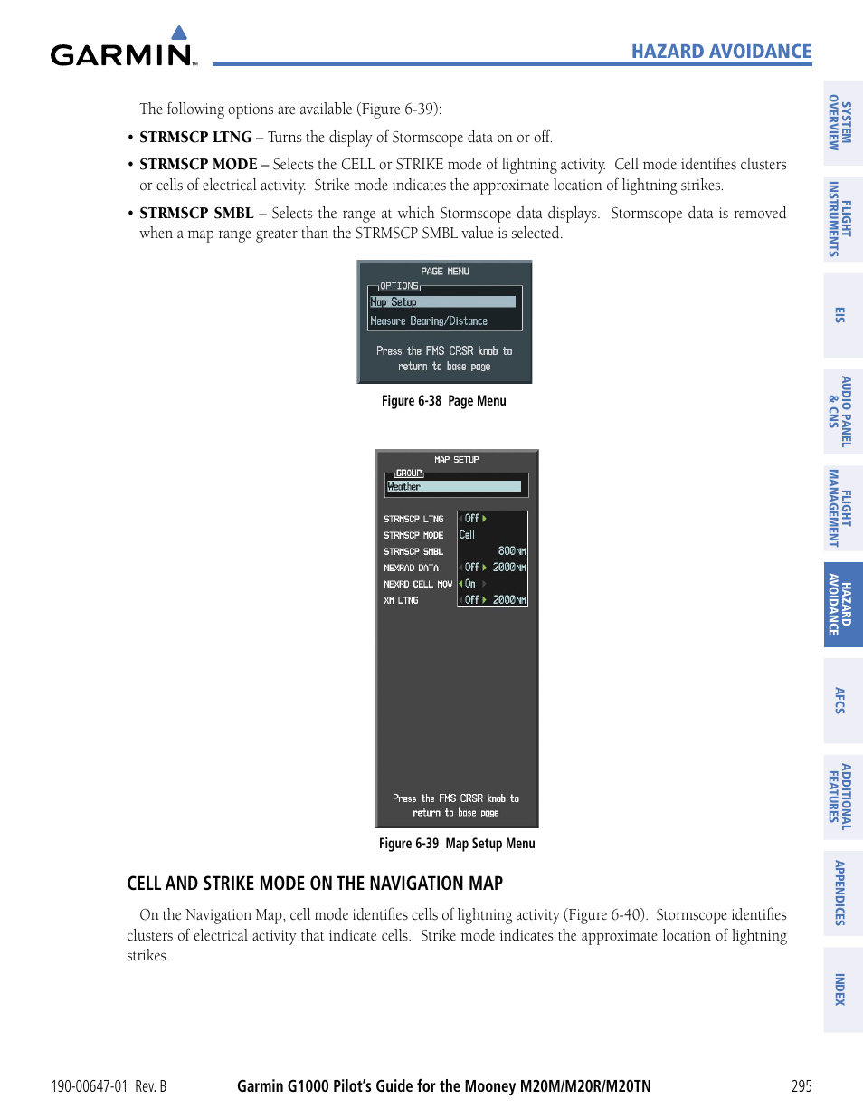 Hazard avoidance, Cell and strike mode on the navigation map | Garmin G1000 Mooney M20TN User Manual | Page 306 / 494