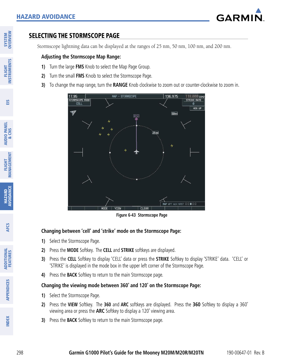 Selecting the stormscope page, Hazard avoidance | Garmin G1000 Mooney M20TN User Manual | Page 309 / 494
