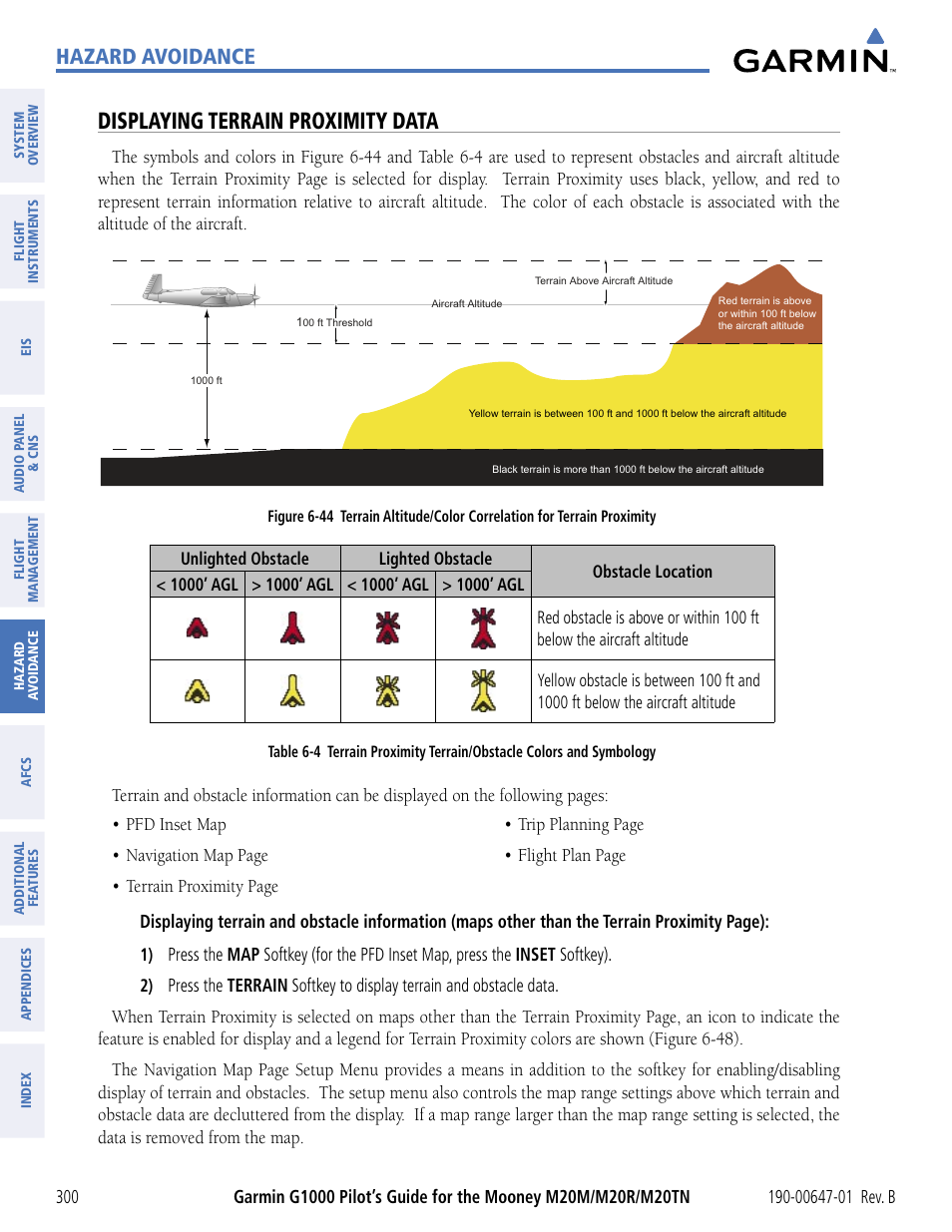 Displaying terrain proximity data, Hazard avoidance | Garmin G1000 Mooney M20TN User Manual | Page 311 / 494