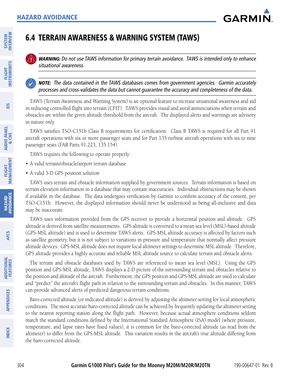 4 terrain awareness & warning system (taws), 4 terrain awareness & warning system (taws) . 304, Hazard avoidance | Garmin G1000 Mooney M20TN User Manual | Page 315 / 494