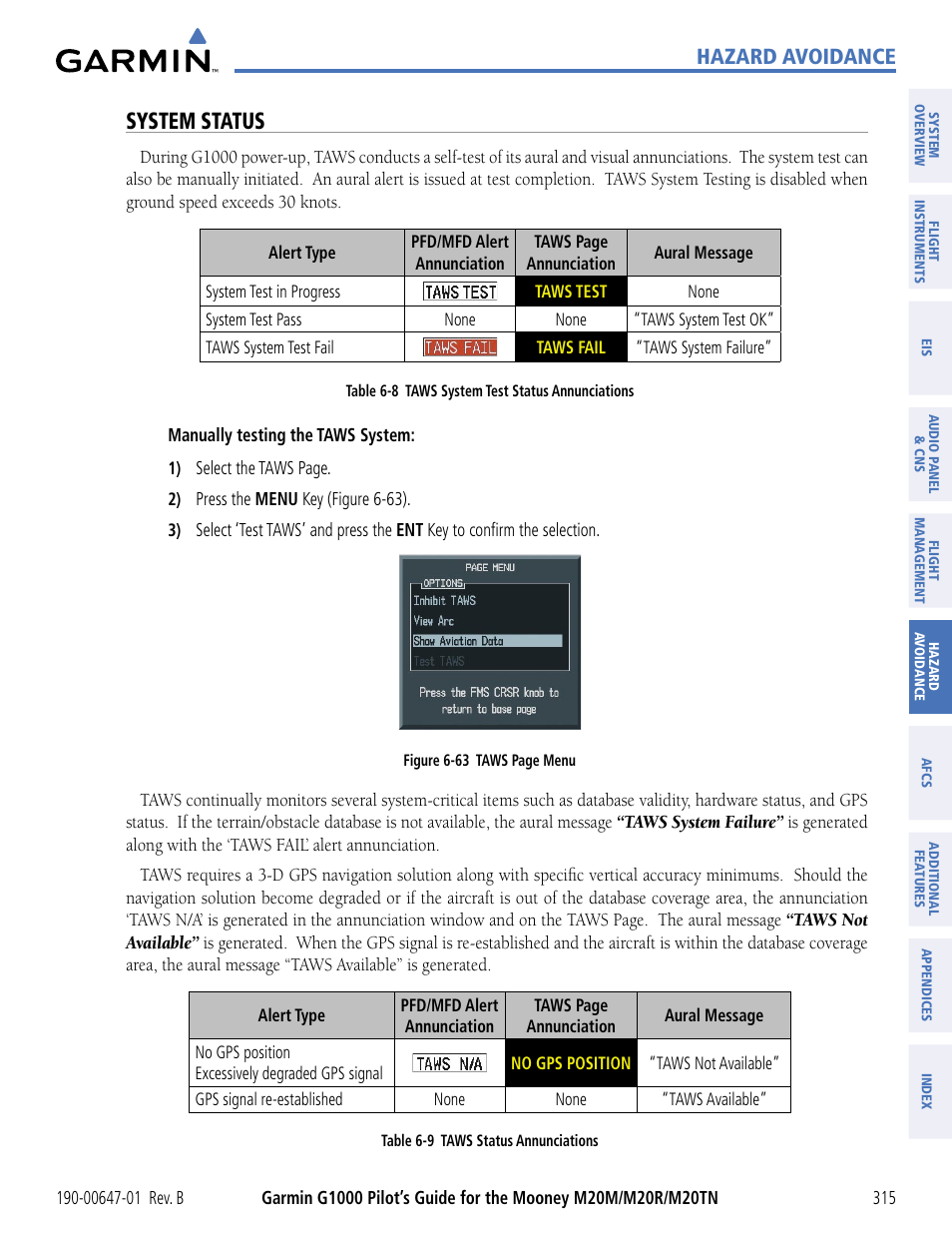 System status, Hazard avoidance | Garmin G1000 Mooney M20TN User Manual | Page 326 / 494