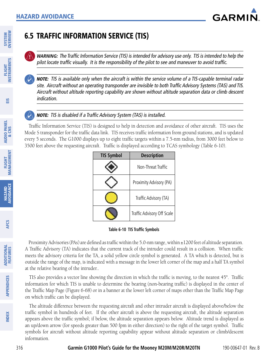 5 traffic information service (tis), 5 trafﬁc information service (tis), Hazard avoidance | Garmin G1000 Mooney M20TN User Manual | Page 327 / 494