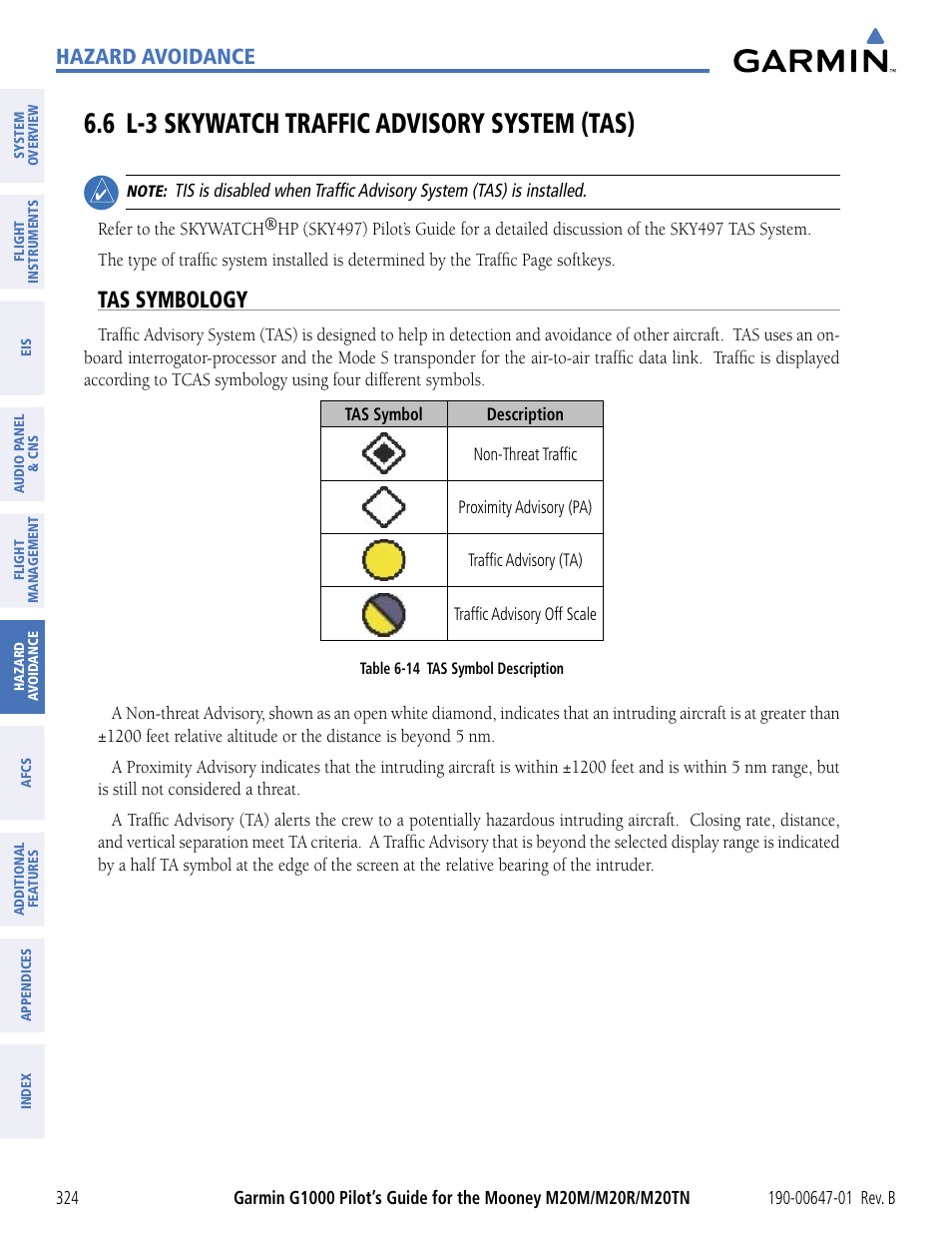 6 l-3 skywatch traffic advisory system (tas), Tas symbology, 6 l-3 skywatch trafﬁc advisory system (tas) | Hazard avoidance | Garmin G1000 Mooney M20TN User Manual | Page 335 / 494
