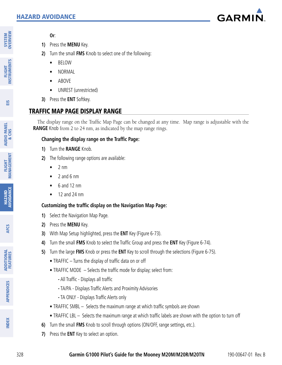 Traffic map page display range, Hazard avoidance | Garmin G1000 Mooney M20TN User Manual | Page 339 / 494