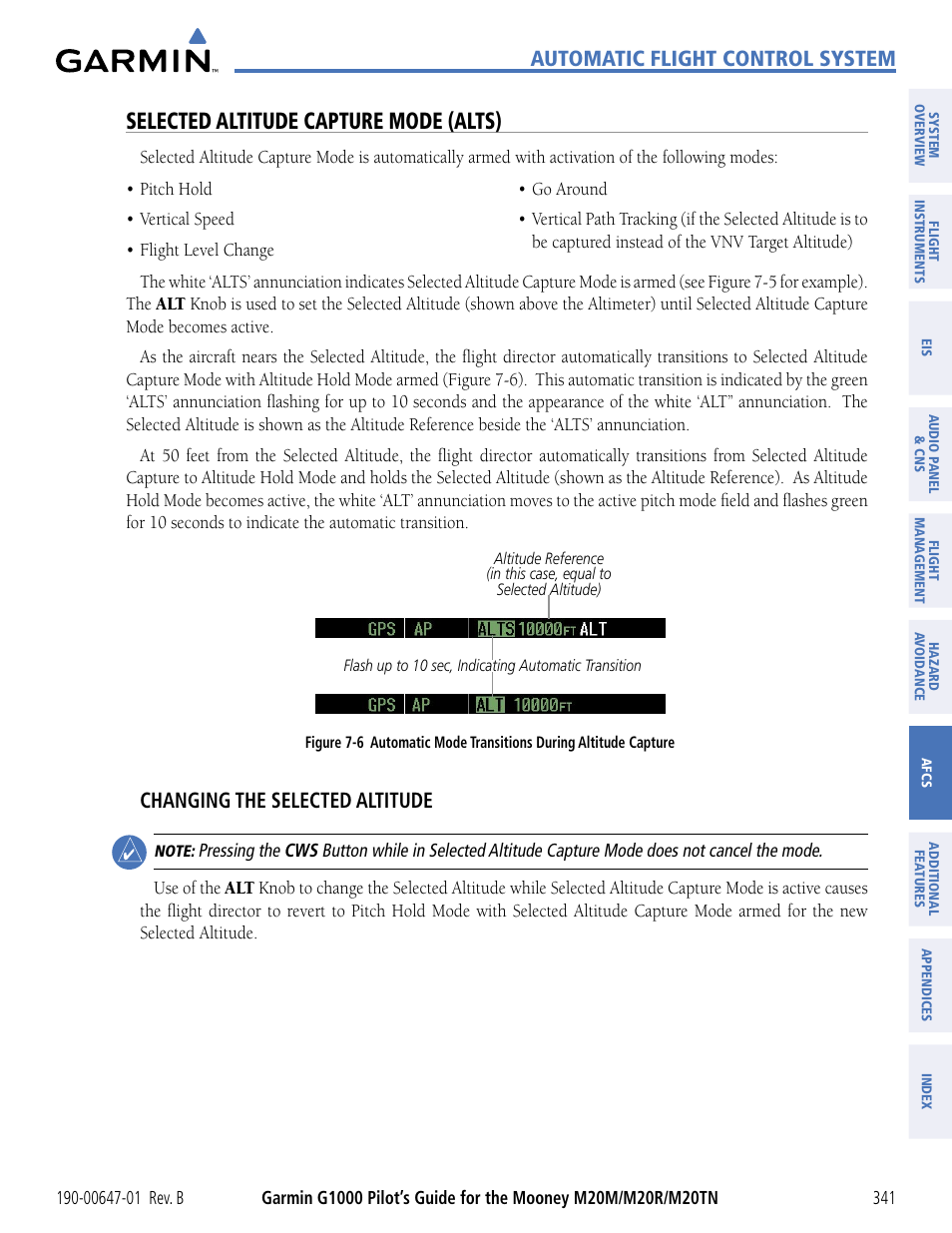 Selected altitude capture mode (alts), Automatic flight control system, Changing the selected altitude | Garmin G1000 Mooney M20TN User Manual | Page 352 / 494